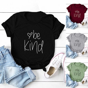 Detail of Be Kind graphic print on colorful short sleeve crew neck cotton T-shirts