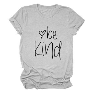 Close-up of be Kind print on light grey cotton t-shirt with rolled sleeves