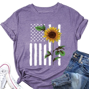 Detail of purple sunflower American flag print T-shirt with stylish front knot design