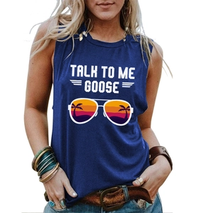Detail of navy blue racerback tank top featuring Talk To Me Goose text and sunset graphics