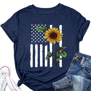 Detail of navy blue t-shirt with sunflower and American flag print on casual outfit