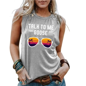 Grey Talk To Me Goose tank top with sunset aviator sunglasses print and backless cut