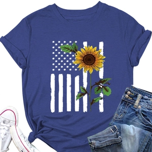 Detail of sunflower and American flag print on a navy blue short-sleeve T-shirt