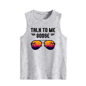 Detail of grey Talk To Me Goose letter print and sunset aviator glasses graphic