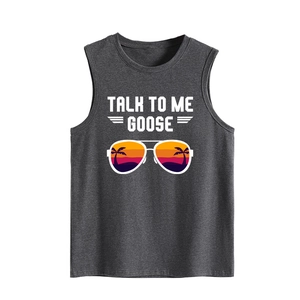 Detail of grey tank top featuring Talk To Me Goose text and sunset sunglasses print