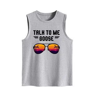 Detail of grey Talk To Me Goose tank top featuring aviator sunglasses and sunset graphic
