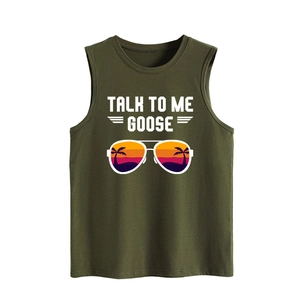 Detail of olive green sleeveless tank top with Talk to Me Goose text and aviator glasses
