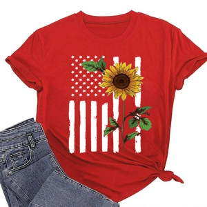 Detail of red sunflower T-shirt with American flag print and soft cotton fabric texture