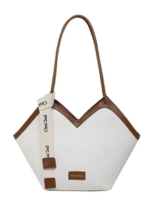 Grande borsa tote vintage bianca con stampa coccodrillo, apertura a V e finiture in cuoio