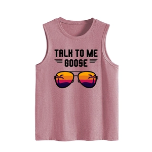 Detailed view of pink tank top featuring Talk To Me Goose text and sunset graphics