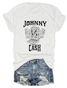 Detail of white cotton Johnny Cash t-shirt with floral boots print and ripped denim shorts