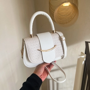 Sac boîte vintage blanc avec rabat tissé et fermoir doré, porté main élégant pour femme