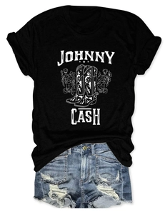 Johnny Cash vintage t-shirt and distressed denim shorts flat lay fashion set