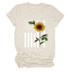 Detailed close-up of sunflower American flag print on beige women's casual T-shirt