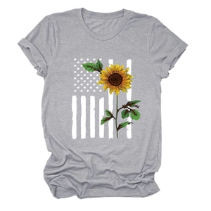 Close-up of gray sunflower t-shirt with American flag print on soft knit fabric