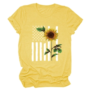 Detail of yellow sunflower and US flag print on cotton blend crew neck t-shirt