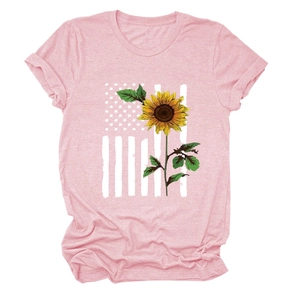 Detail of pink cotton T-shirt with sunflower and American flag print and round neck
