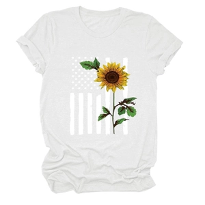Detail of white cotton T-shirt featuring sunflower and American flag print design