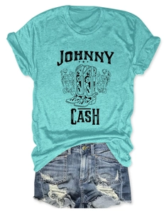 Detailed flat lay of lake blue Johnny Cash t-shirt with floral boots print and denim shorts