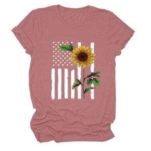Detail of sunflower and American flag print on a dusty rose cotton t-shirt for women