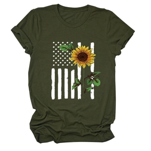 Detailed view of dark olive t-shirt with sunflower and American flag graphic print