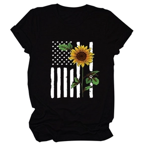 Women's black cotton t-shirt featuring sunflower and American flag print patterns