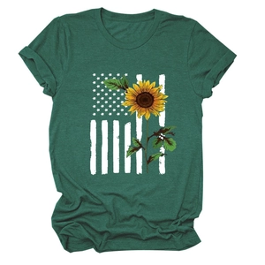 Detail of sunflower print and flag pattern on dark green cotton short sleeve t-shirt