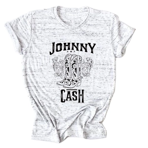 Close-up of Johnny Cash text and floral cowboy boot print on grey cotton t-shirt