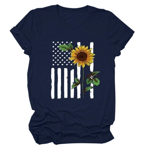 Detail view of navy blue cotton t-shirt with sunflower and American flag graphic print