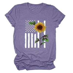 Detail of soft purple cotton t-shirt featuring artistic sunflower and flag stripe print