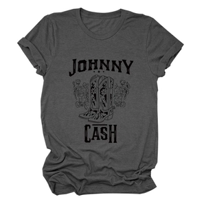 Close-up of Johnny Cash floral boots graphic print on dark grey cotton crewneck t-shirt