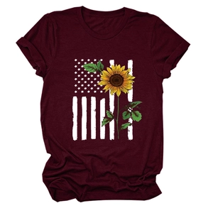 Detail of sunflower and American flag print on wine red short sleeve cotton T-shirt