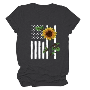 Detail of sunflower and American flag print on charcoal grey crew neck short sleeve T-shirt