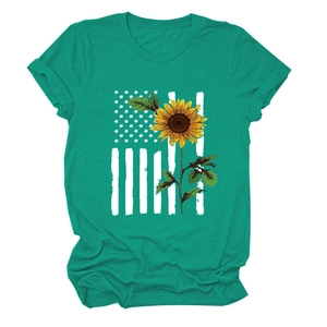 Detail of teal t-shirt featuring sunflower and American flag print with ribbed neckline