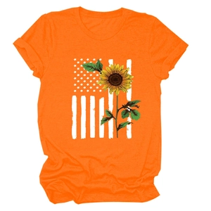 Detail of bright orange crewneck T-shirt with artistic sunflower and star stripe print
