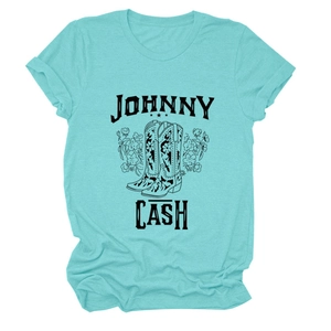Detail of turquoise Johnny Cash t-shirt with floral cowboy boots print and soft cotton texture