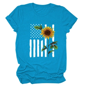 Detailed flat lay of royal blue sunflower T-shirt with American flag print details