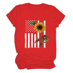 Detail of red crew neck t-shirt featuring sunflower and American flag vintage print