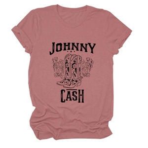 Retro dusty rose Johnny Cash t-shirt with floral cowboy boots and star graphics