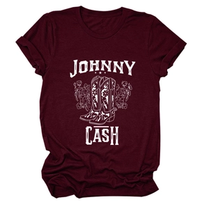 Detail of burgundy Johnny Cash t-shirt with retro floral boots print on cotton fabric