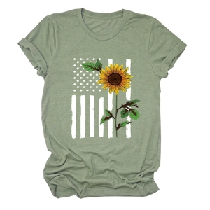 Detail of sunflower American flag print on sage green cotton crewneck t-shirt
