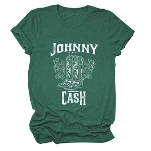 Detail of Johnny Cash graphic with floral boots on a dark green cotton t-shirt