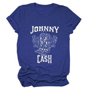 Close-up of Johnny Cash floral cowboy boots graphic on a navy vintage t-shirt