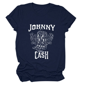 Detail of Johnny Cash floral boots print on navy blue short sleeve vintage graphic T-shirt