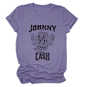 Close-up of Johnny Cash graphic print with floral boots on a purple heather T-shirt