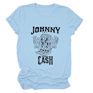 Detail of Johnny Cash floral boots graphic print on sky blue crew neck cotton T-shirt