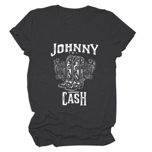 Detail of Johnny Cash graphic print with floral cowboy boots on a dark gray cotton T-shirt