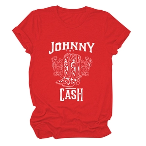 Detail of red Johnny Cash vintage t-shirt featuring cowboy boots and floral print design