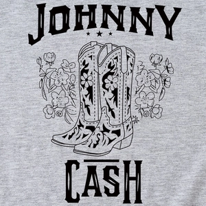 Johnny Cash vintage style grey graphic tee featuring floral western boots and floral artwork