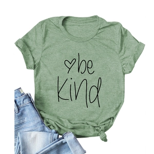 Women Casual Cotton Polyester Blend Short Sleeve T-Shirt With Be Kind Letter Heart Print Round Neck Loose Summer Top